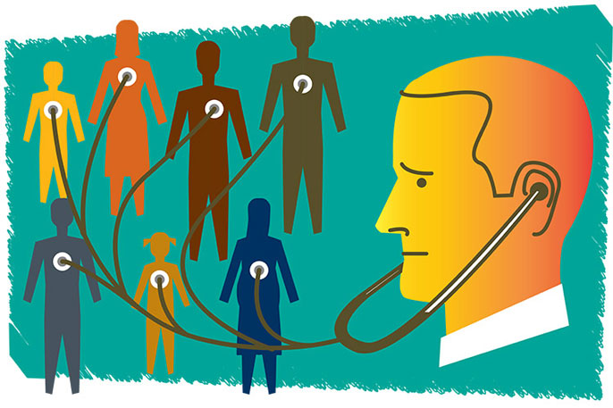 Doctor connected to patients by stethoscope illustration