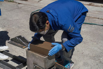 Man is bent over a little block form pulling one out