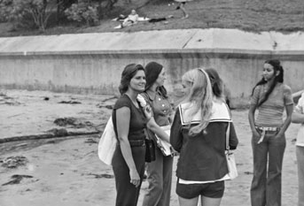 Students on beach in front of Scripps Institution of Oceanography old photo