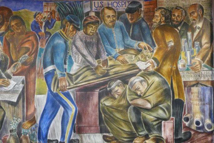 Mural of people helping someone on a stretcher