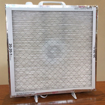A photo shows a box fan with a furnace filter taped to the front