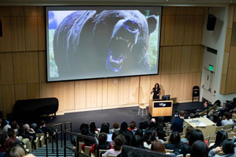 Nadine Burke Harris speaks in Cole Hall at UCSF’s Parnassus campus