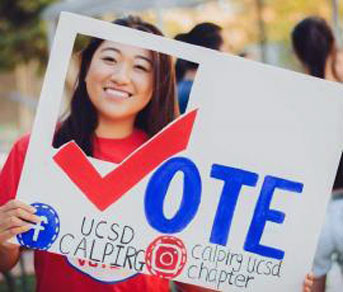 Young woman holding a vote sign