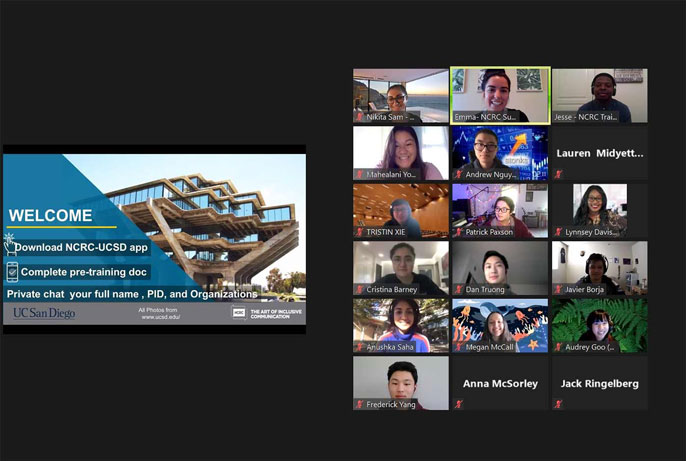 Tritons Together Zoom photo, image of UC San Diego campus on the left, screens of faces on the right
