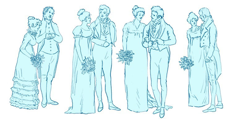 19th century Pride and Prejudice happy couples illustration