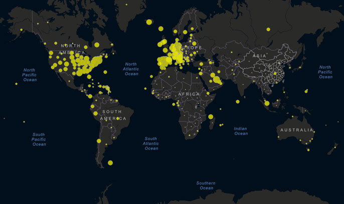 map of the worldwide incidence rate of COVID-19