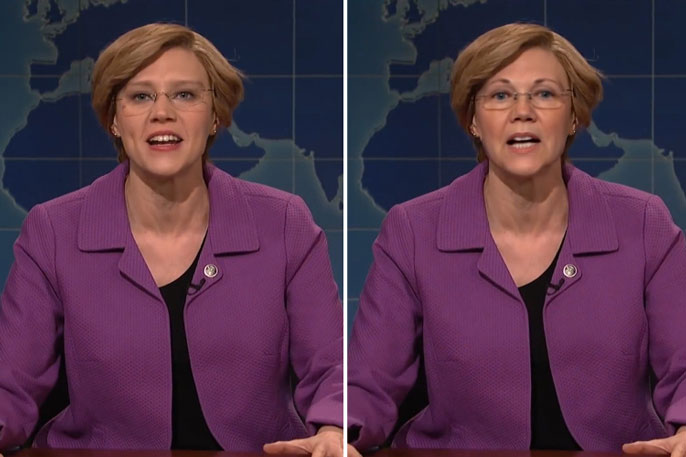 Kate McKinnon side by side with Elizabeth Warren