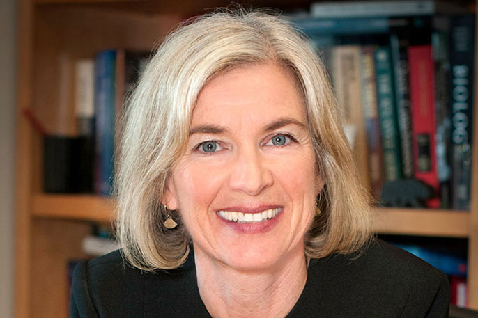 Jennifer Doudna in front of bookshelf