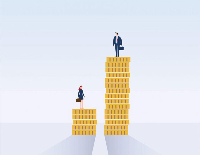 A woman on a short stack of money a man on a taller stack