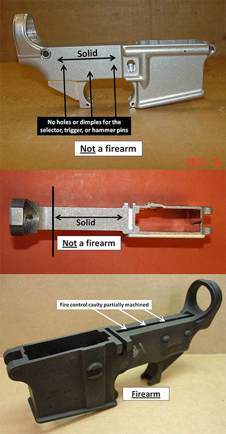 Three images showing the distinctions between regulated firearms and pieces of metal and plastic that are very close to being regulated firearms, but are not