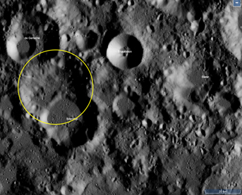 The moon's South Pole with the Henson Crater circled