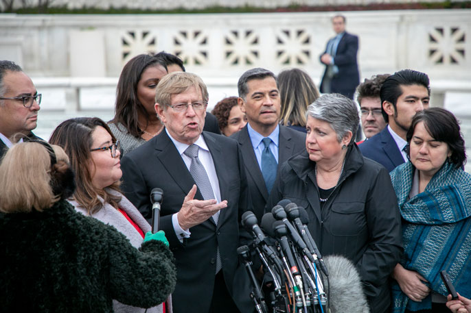UC Board of Regents Chair John A. Pérez, UC President Janet Napolitano, Ted Olson and Nina Totenberg outside the Supreme Court
