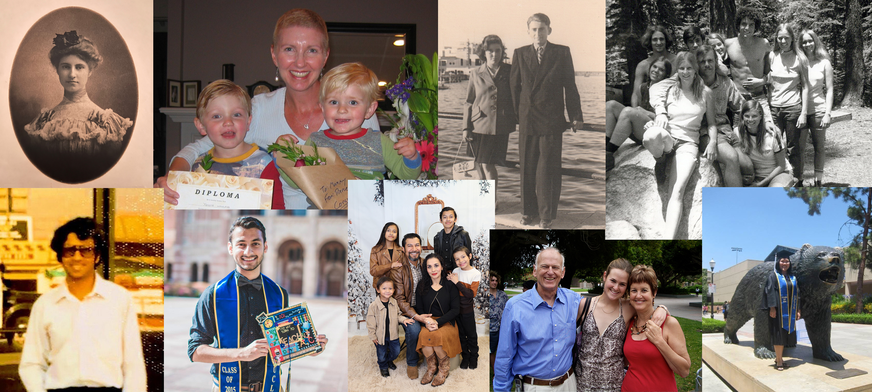 A collage of many pictures of families, individuals, and UC students in graduation robes, from antique to contemporary images