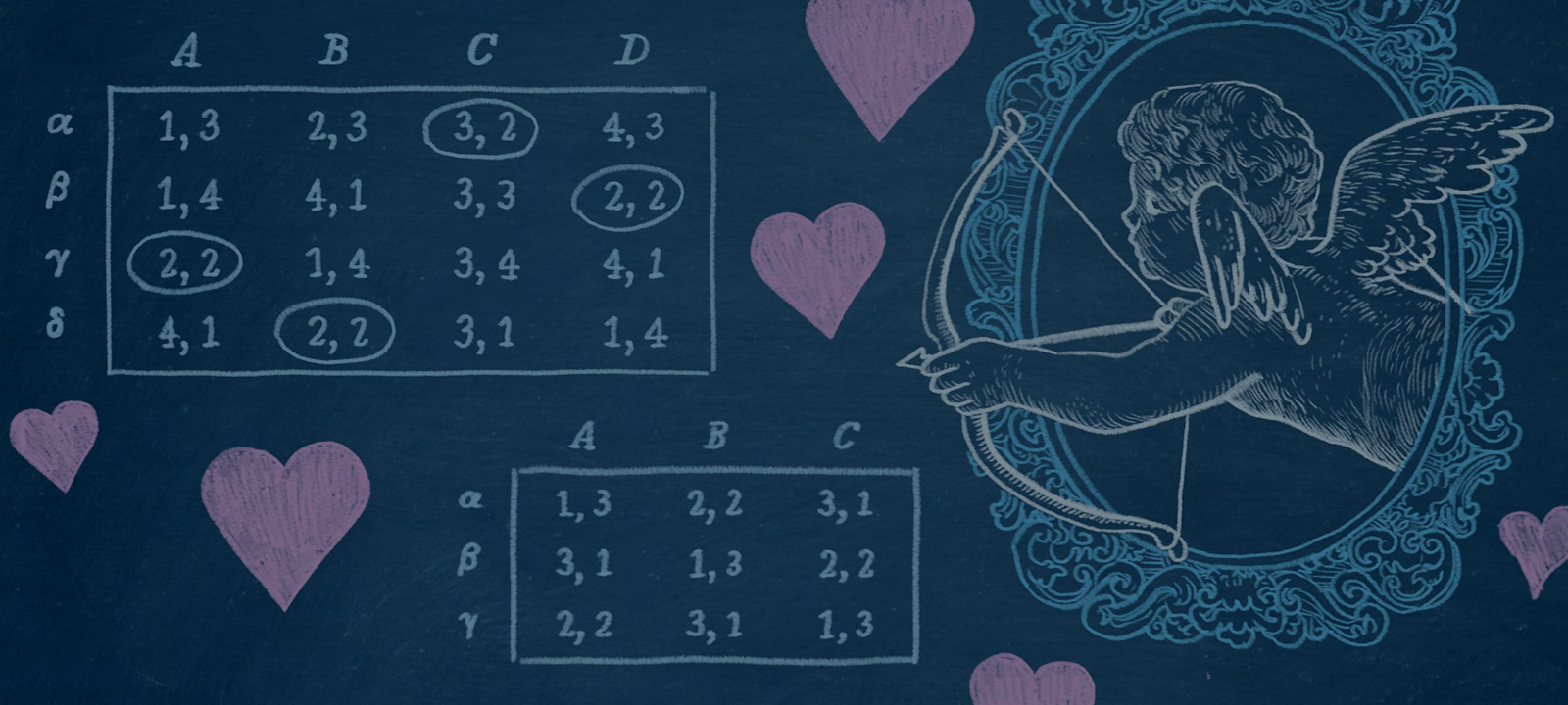 A chalkboard with an equation, hearts and an illustration of cupid drawn on it