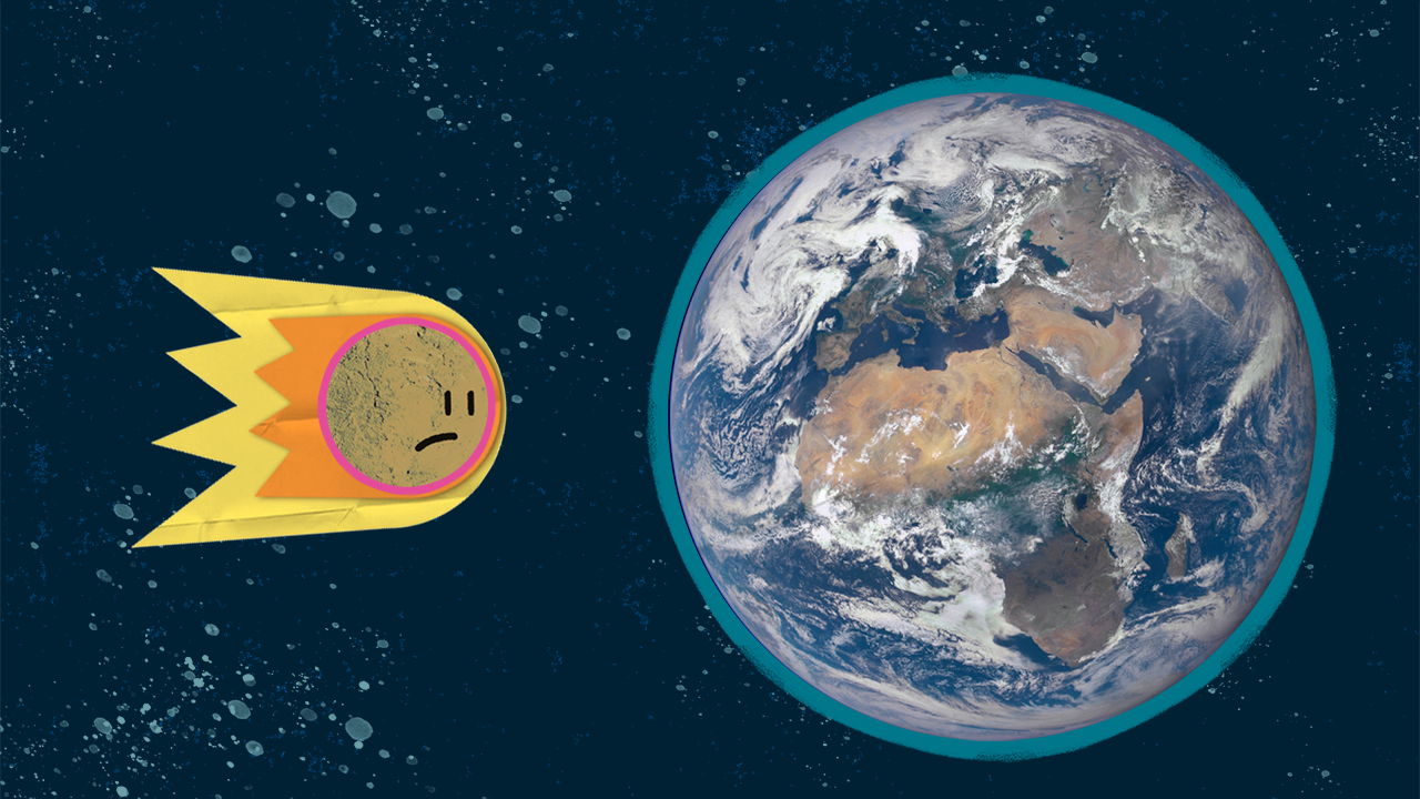 An illustration of an asteroid heading towards Earth