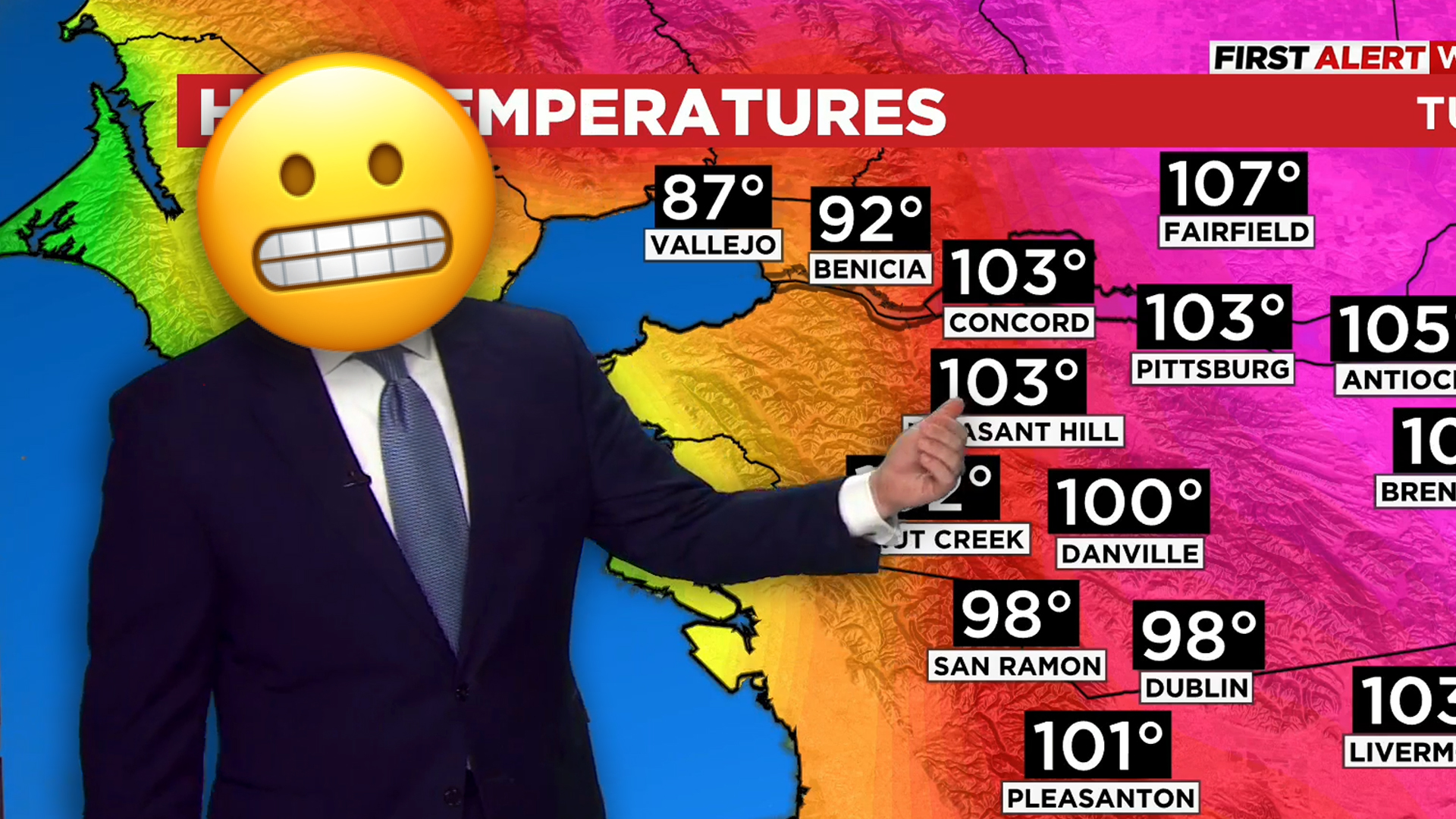 A weatherman in front of a heat wave map with an emoji of a grimace for a face