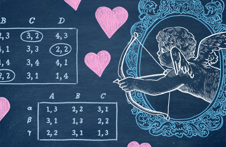 A chalkboard with an equation, hearts and an illustration of cupid drawn on it
