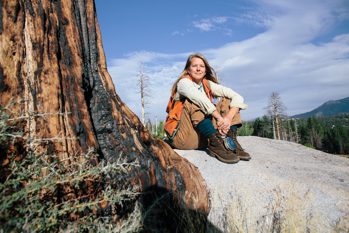 Susie Kocher sits on a rock next to a tree bearing burns in the Angora burn area (burned in 2007) in South Lake Tahoe