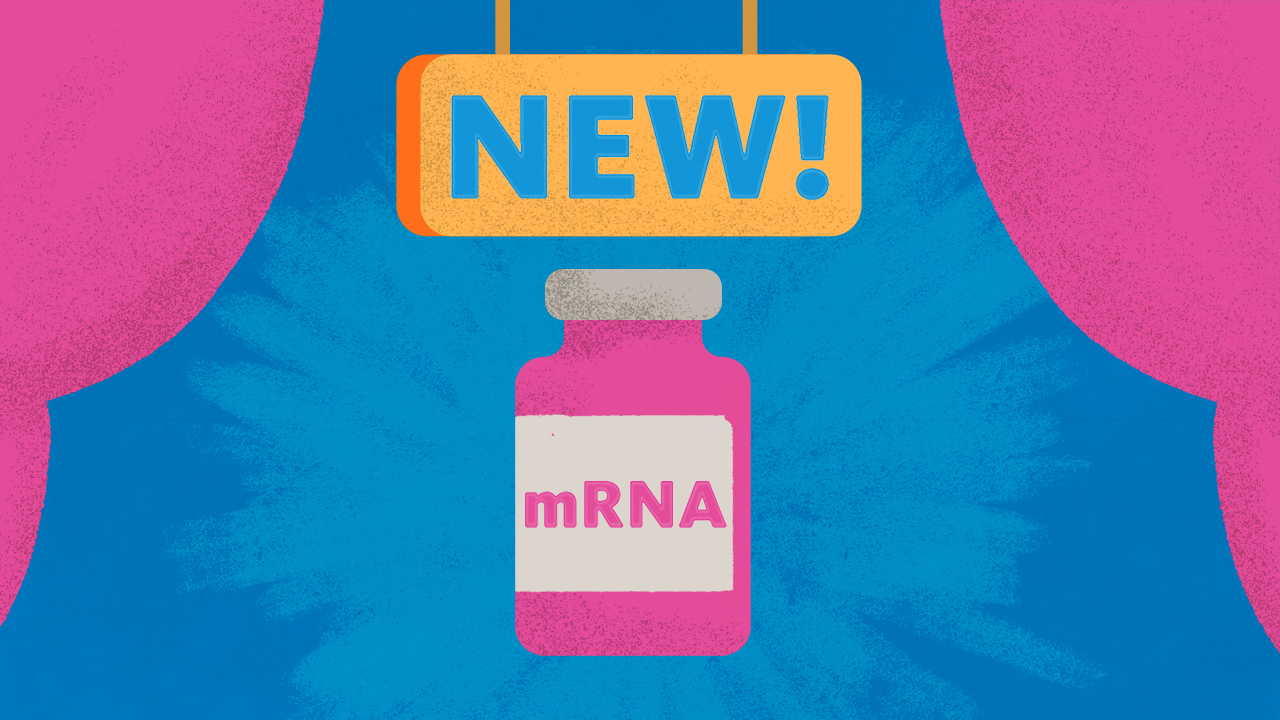 An illustration of a vaccine vial with the word "new!" above it on a sign