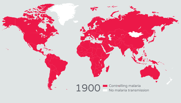 a GIF showing areas of the world that are eliminating malaria over time: 1900, 1970, 1990, 2016, 2025, and total elimination projected for 2040