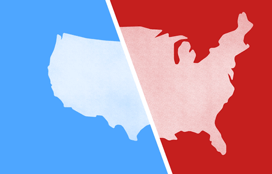 Map of the United States split into a blue side and a red side