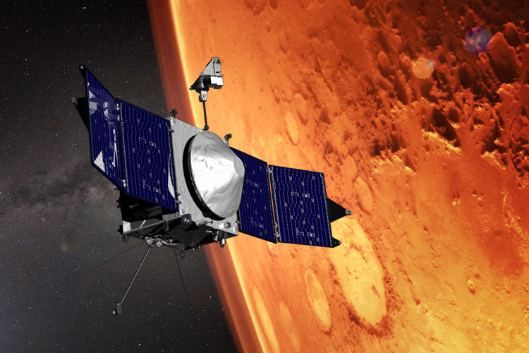 illustration shows the MAVEN spacecraft and the limb of Mars