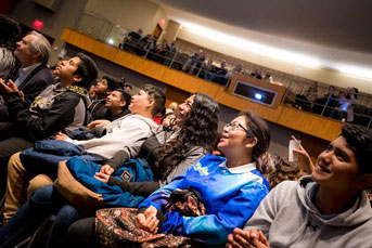 Jessica Meir takes questions in the auditorium