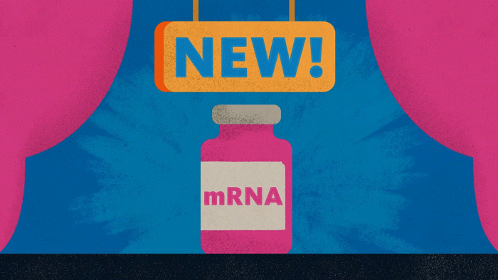 Animation of mRNA vaccine making its debut under a sign that says new