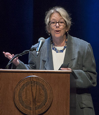 Pam Samuelson podium