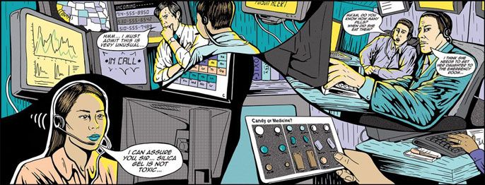 A collage of Poison Control Center operators assessing various incoming calls. In one scenario, a man is sweating bullets and saying to a colleague, 'H'mm... I must admit this is very unusual...' In another scenario, a female operator wearing a headset says, 'I can assure you, sir... silica gel is not toxic...' In a third scenario, one operator says, 'Ma'am, do you know how many pills? When did she eat them?' while another says, 'I think she needs to get her daughter to the emergency room...' 