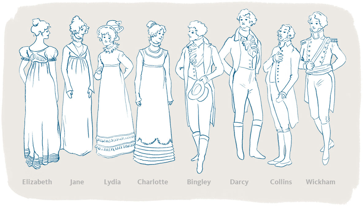 19th century Pride and Prejudice characters standing together illustration