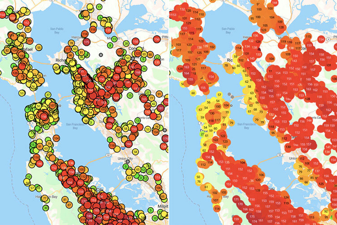 An image shows maps of the Air Quality Index measured by indoor and outdoor Purple Air sensors. The outdoor sensors all show readings above 100, while the indoor sensors show a variety of values, from 10 to over 100.