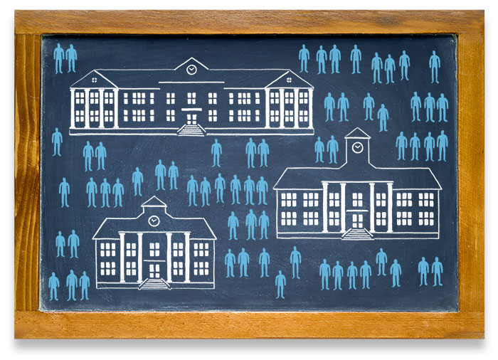 Many student figures matched with schools diagram illustration