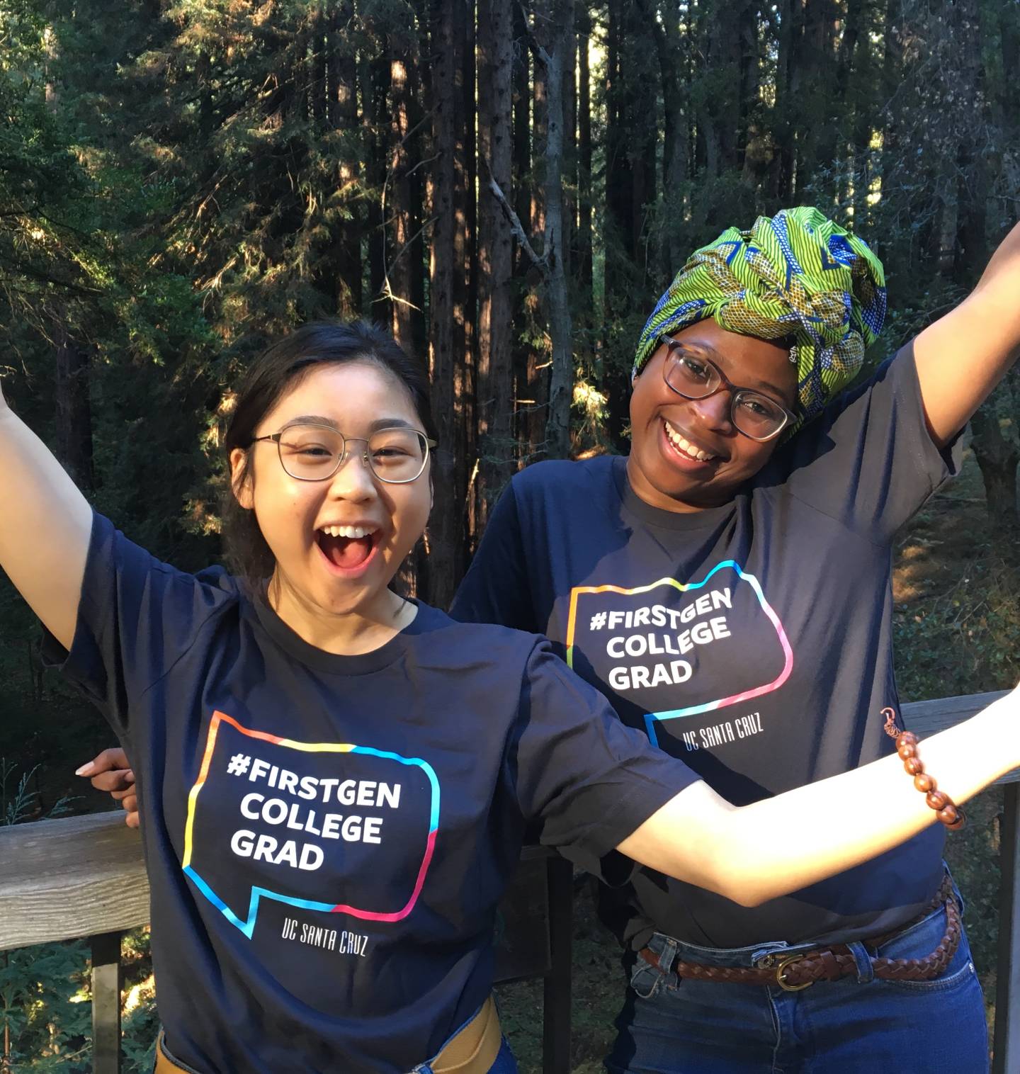 Happy students sporting first-gen t-shirts