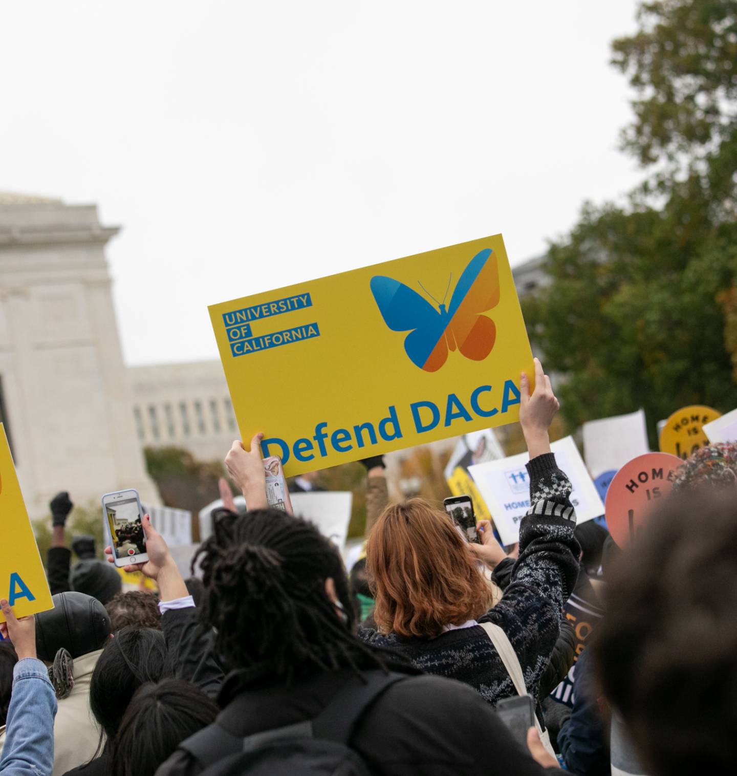 Crowd holding signs in the air that say "Defend DACA"