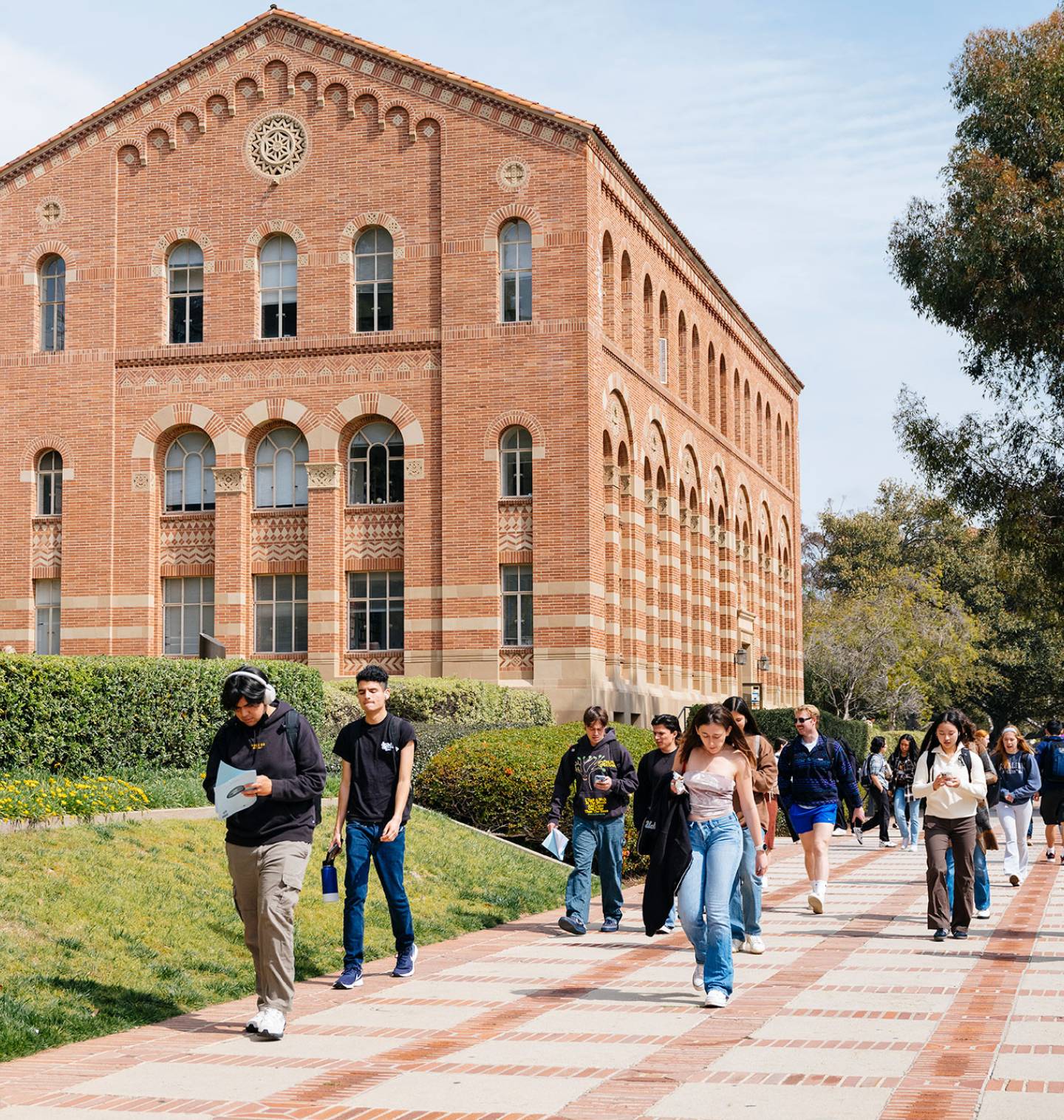 Lots of students walking down a sidewalk on a UC campus.