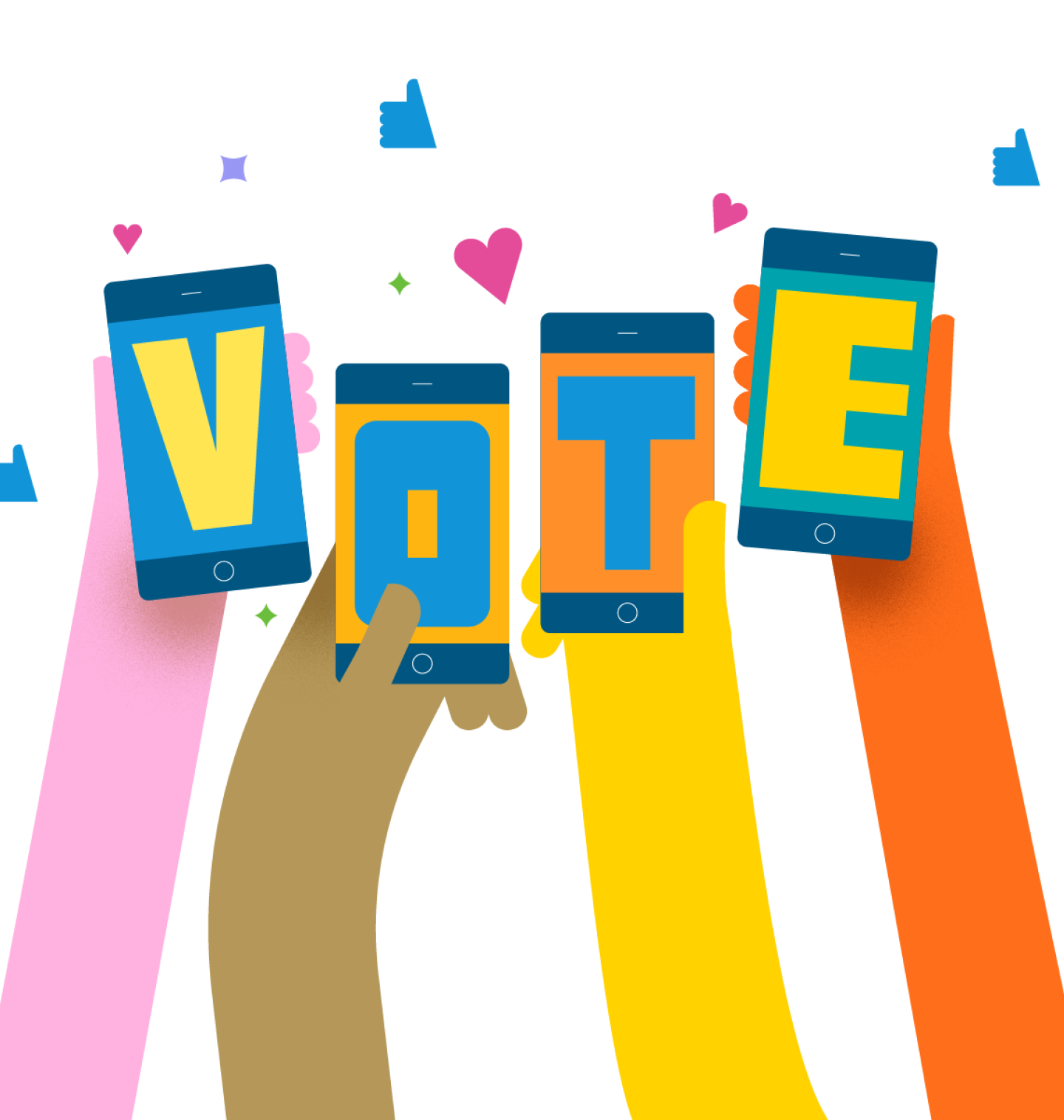 Four raised hands each holding a smartphone displaying one letter to spell "VOTE".