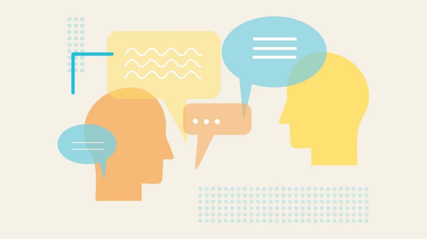 Drawings of spoken and thought bubbles are shown floating between two drawings of heads.