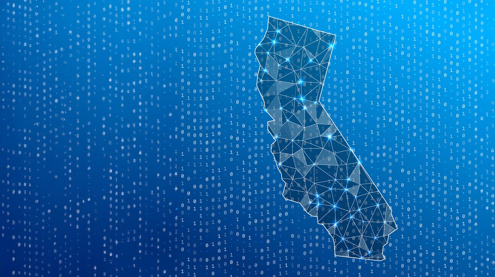 An illustration of a map of California laced with a net of lines connected by glowing nodes floating on a field of 0s and 1s