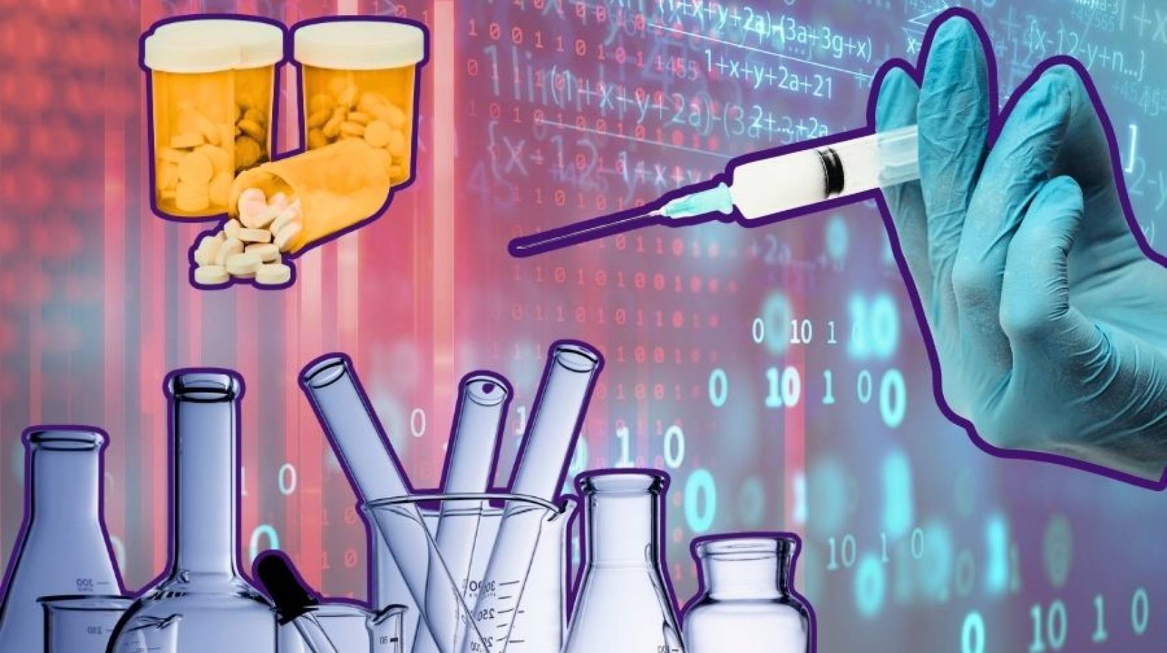 In an illustration collage, an IV drip, a series of pipettes, and a gloved hand holding a syringe