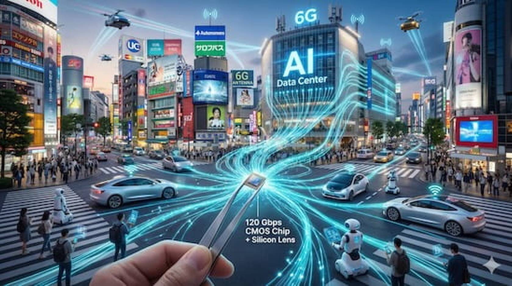 An illustration of a busy intersection in a major city lit up by digital billboards, where a hand holds a computer chip in a pair of tweezers. Rays of light coming out of the chip connect to a building marked "AI data center" and to vehicles and digital devices being carried by pedestrians.