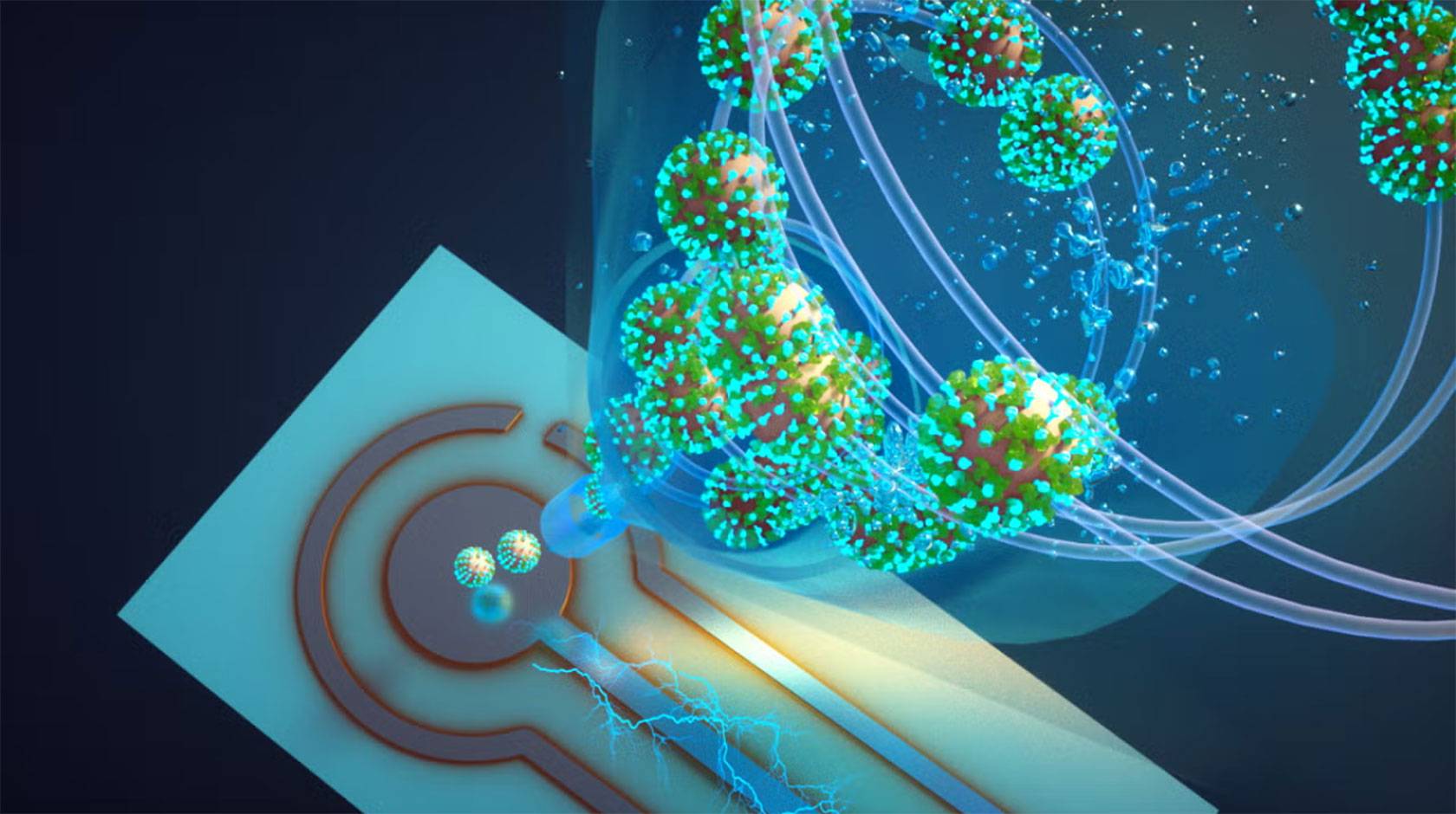 Conceptual illustration of a nanoscale biosensor detecting virus-like particles. Spherical particles covered in green and blue spikes flow through a transparent tube toward a circular electronic sensor on a chip, with electric currents and light effects suggesting signal detection and data transmission.