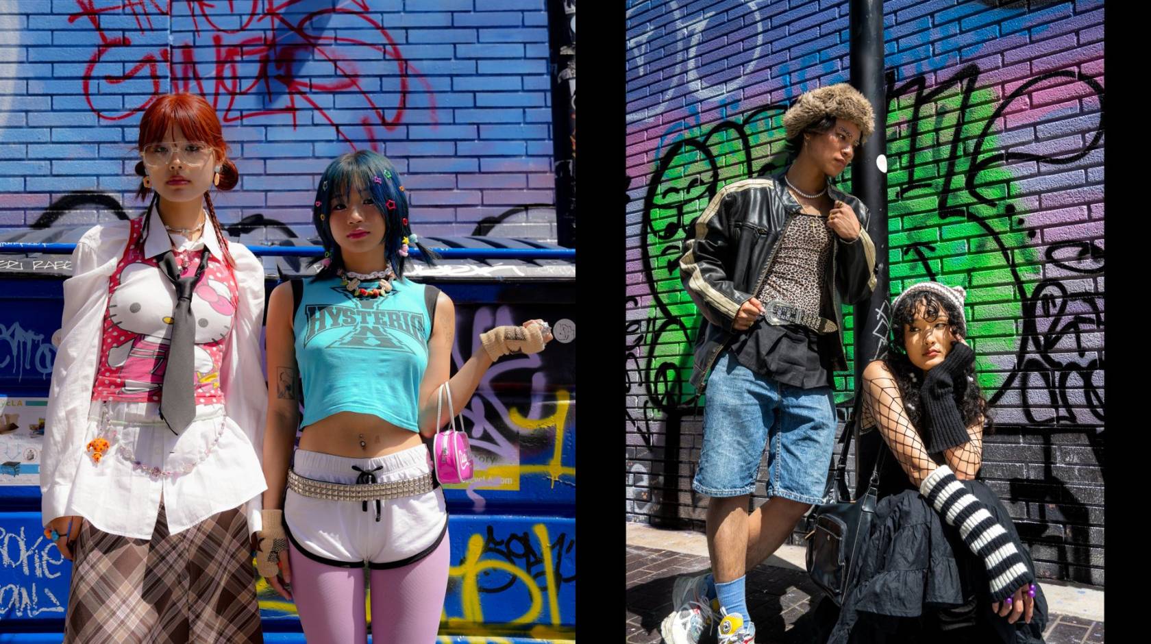 2-photo collage. Photo on left is of 2 young women looking at camera with cool looks on their faces. Woman on left wears Hello Kitty top and black necktie over a white blouse and a brown plaid skirt. Woman on right wears chunky necklace, teal crop tanktop, white shorts, pink tights, small purse. Photo on right: 2 young people pose for camera. Person on left leans against wall, wearing black leather jacket, leopard print shirt, knee-length jeans. Person on right wears hat, fishnet shirt, skirt, arm warmers