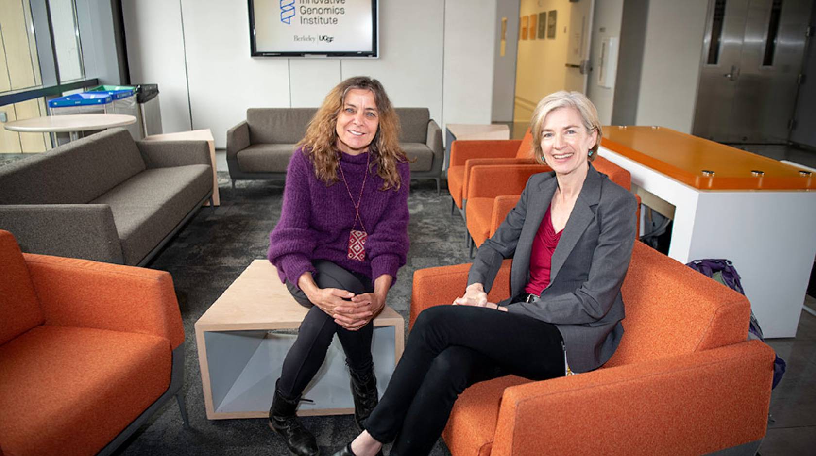 Jill Banfield (left) and Jennifer Doudna (right) in the IGI Building at UC Berkeley