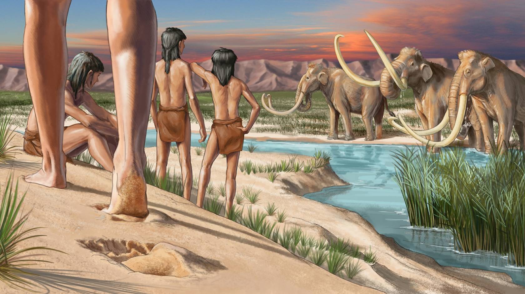 An artist's concept of early human children living and playing on the margins of a wetland is what is today New Mexico.