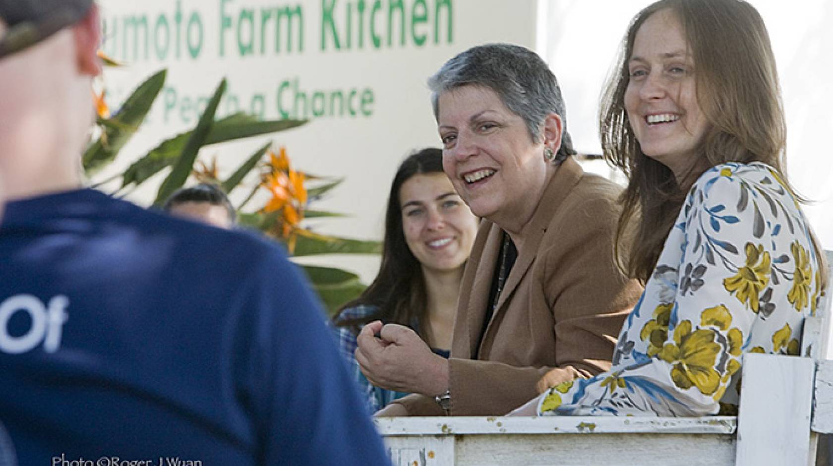 UC President Janet Napolitano listens to the first class of UC Global Food Initiative student fellows discuss their projects at Masumoto Family Farm in Del Rey. 