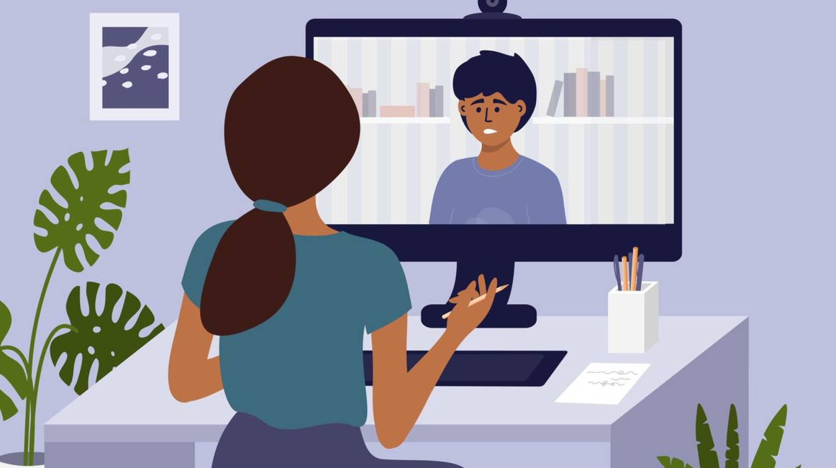 Illustration of a therapist talking with a patient via computer video conferencing.