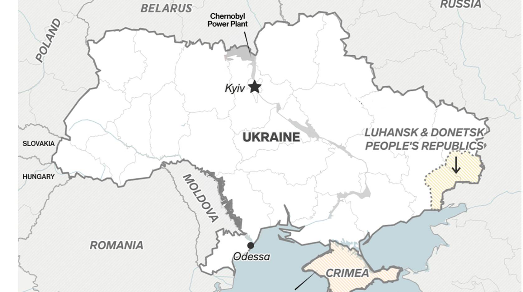 Map showing key regions related to the Feb. 23 Russian invasion of Ukraine.
