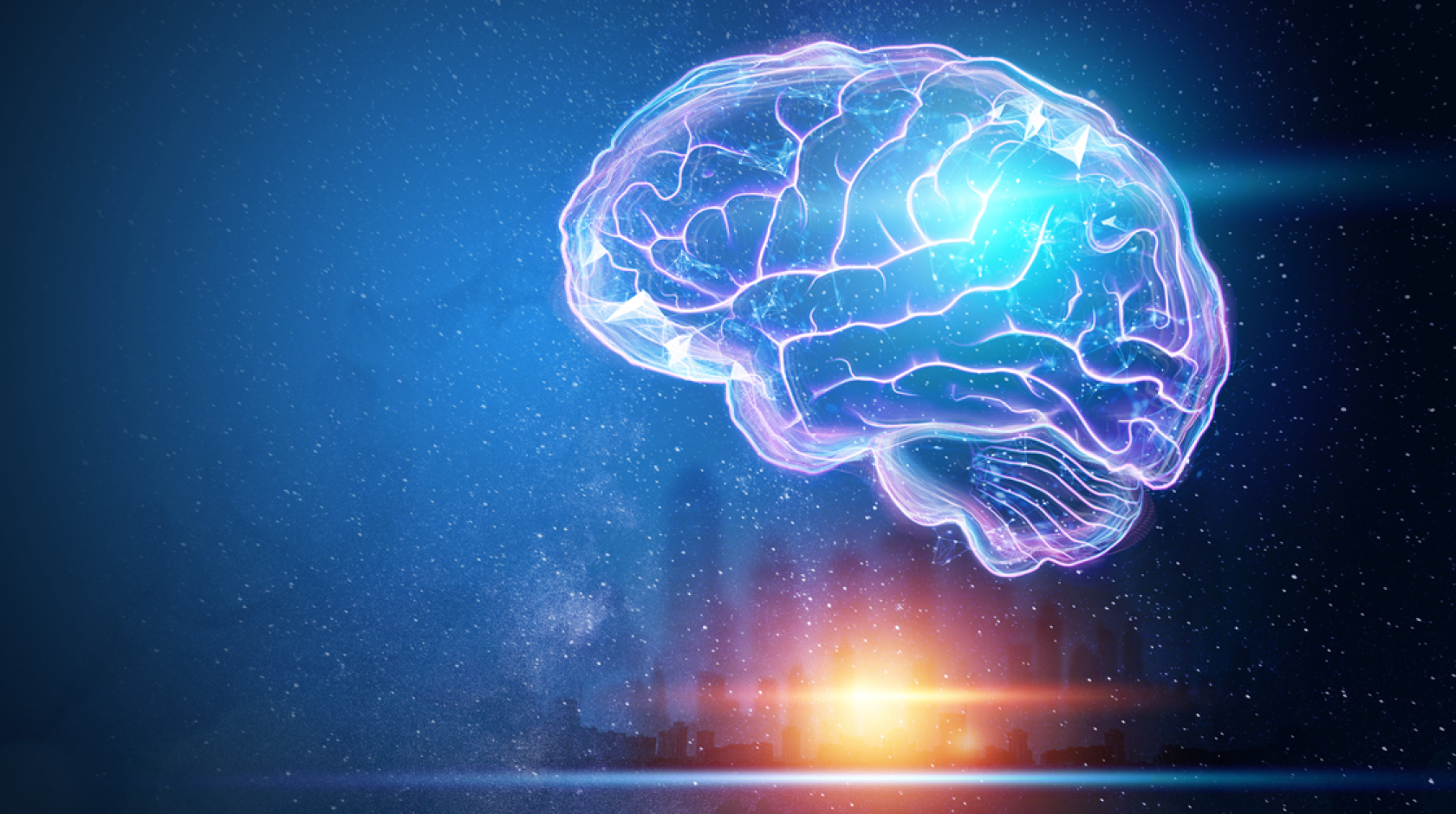 Glowing, translucent digital brain outlined in purple and blue light floating against a dark, star-filled background, with a bright sunrise or light flare near a distant city skyline below.