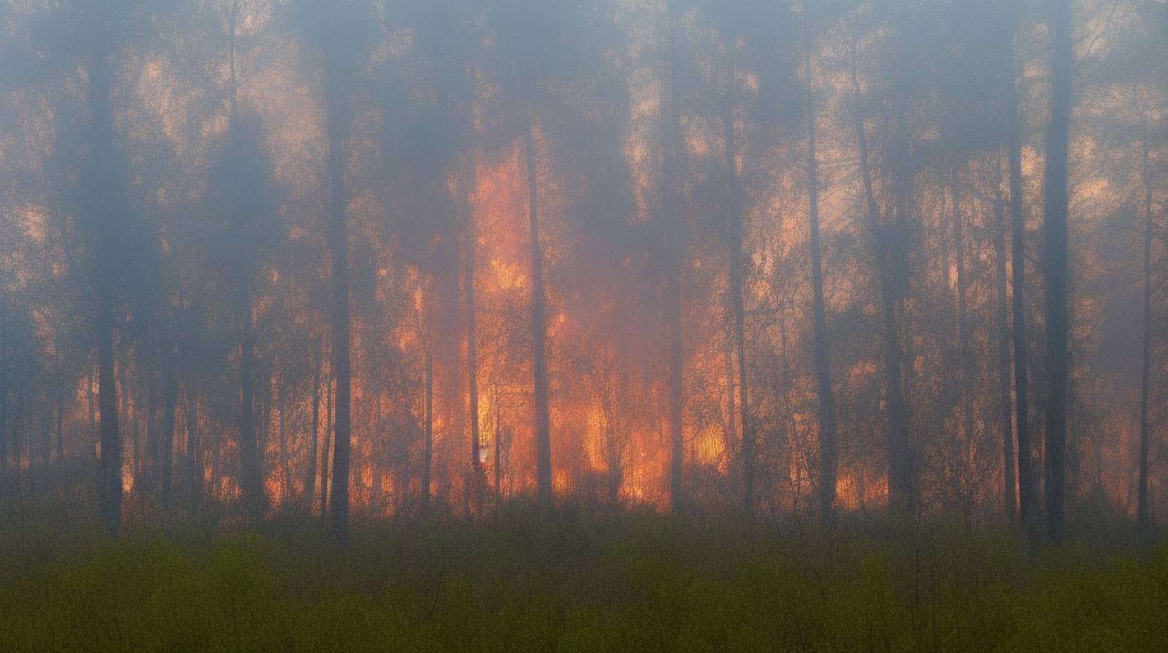 A realistic picture of a wildfire in the woods, as simulated by artificial intelligence